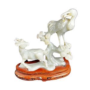 Antique Chinese Carved Jade Crest Bird And Goat on Tree Wood Stand Decor 5"